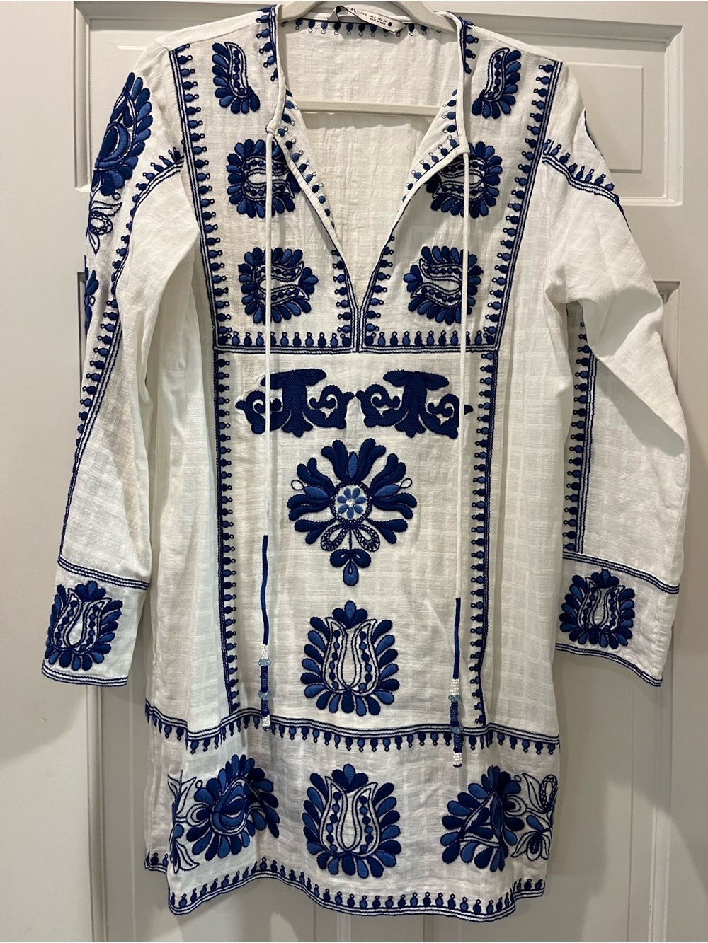 Zara White Tunic Dress with Blue Embroidery
